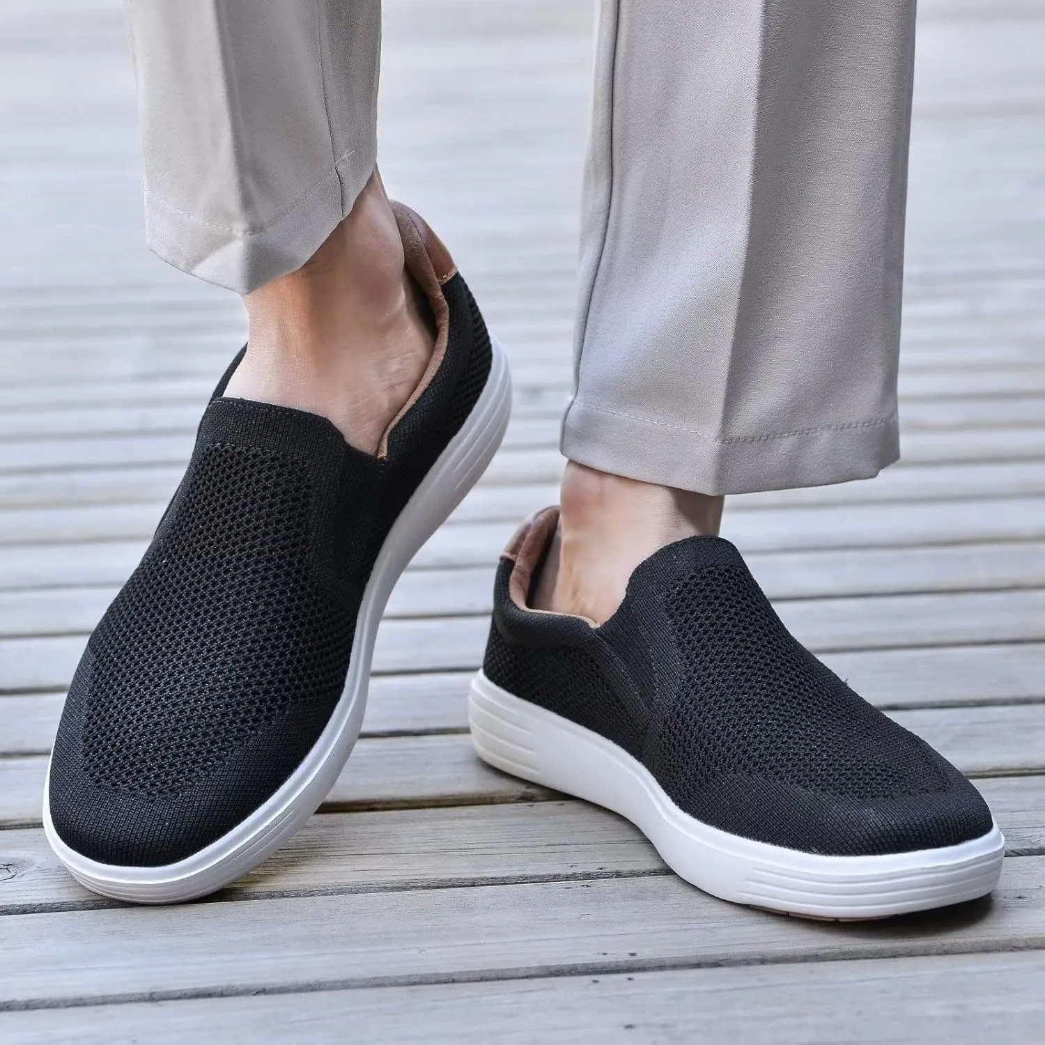 konhill Slip on Sneaker for Men- Casual Knit Boat Loafers Walking Shoes Driving Work Memory Skate Foam Shoes
