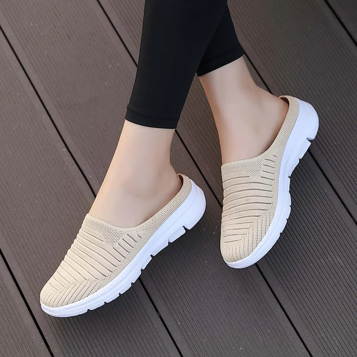 Ladies Lightweight Knitted Mesh Fabric Non-Slip Rubber Soles Garden Shoes Breathable Beach Shoes Clogs Mules Shoes