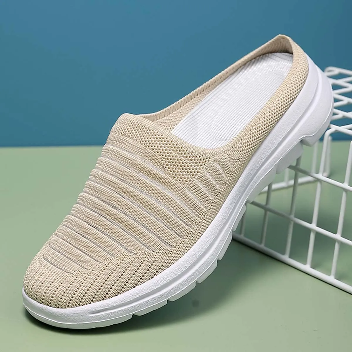 Ladies Lightweight Knitted Mesh Fabric Non-Slip Rubber Soles Garden Shoes Breathable Beach Shoes Clogs Mules Shoes