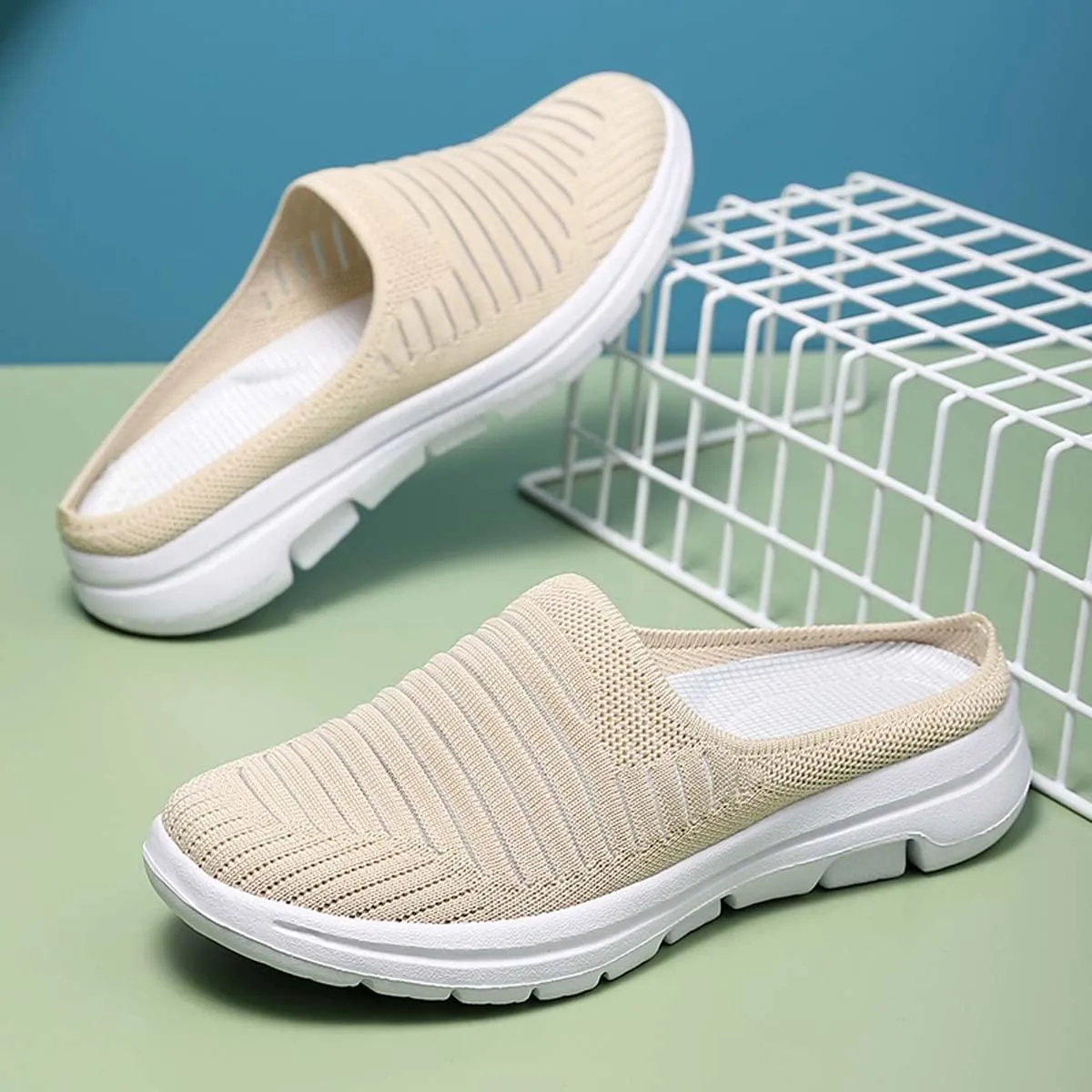 Ladies Lightweight Knitted Mesh Fabric Non-Slip Rubber Soles Garden Shoes Breathable Beach Shoes Clogs Mules Shoes