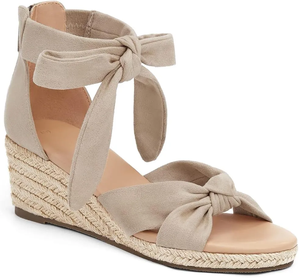 LAICIGO Womens Espadrilles Wedge Sandals Back Zipper Closure Open Toe Platform Ankle Strap Summer Dress Shoes with Bow