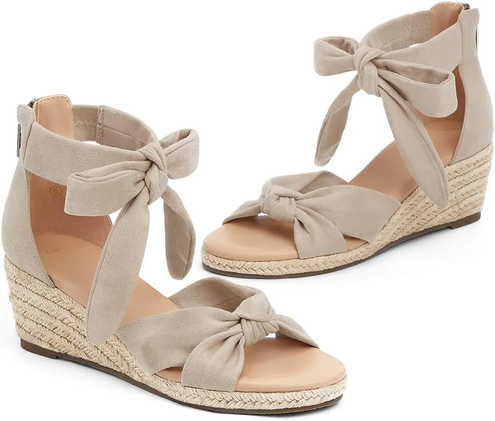 LAICIGO Womens Espadrilles Wedge Sandals Back Zipper Closure Open Toe Platform Ankle Strap Summer Dress Shoes with Bow