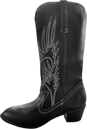 Lausiuoe Boots For Women Knee High Wide Width Cowboy Boots Western Fashion Embroidered Wide Calf Chunky Cowgirl Boots