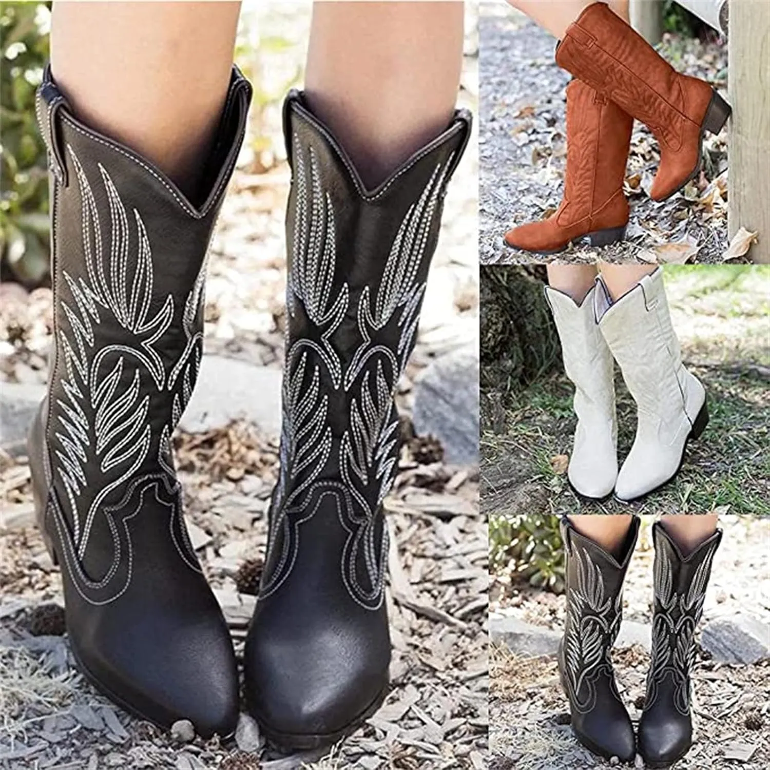 Lausiuoe Boots For Women Knee High Wide Width Cowboy Boots Western Fashion Embroidered Wide Calf Chunky Cowgirl Boots
