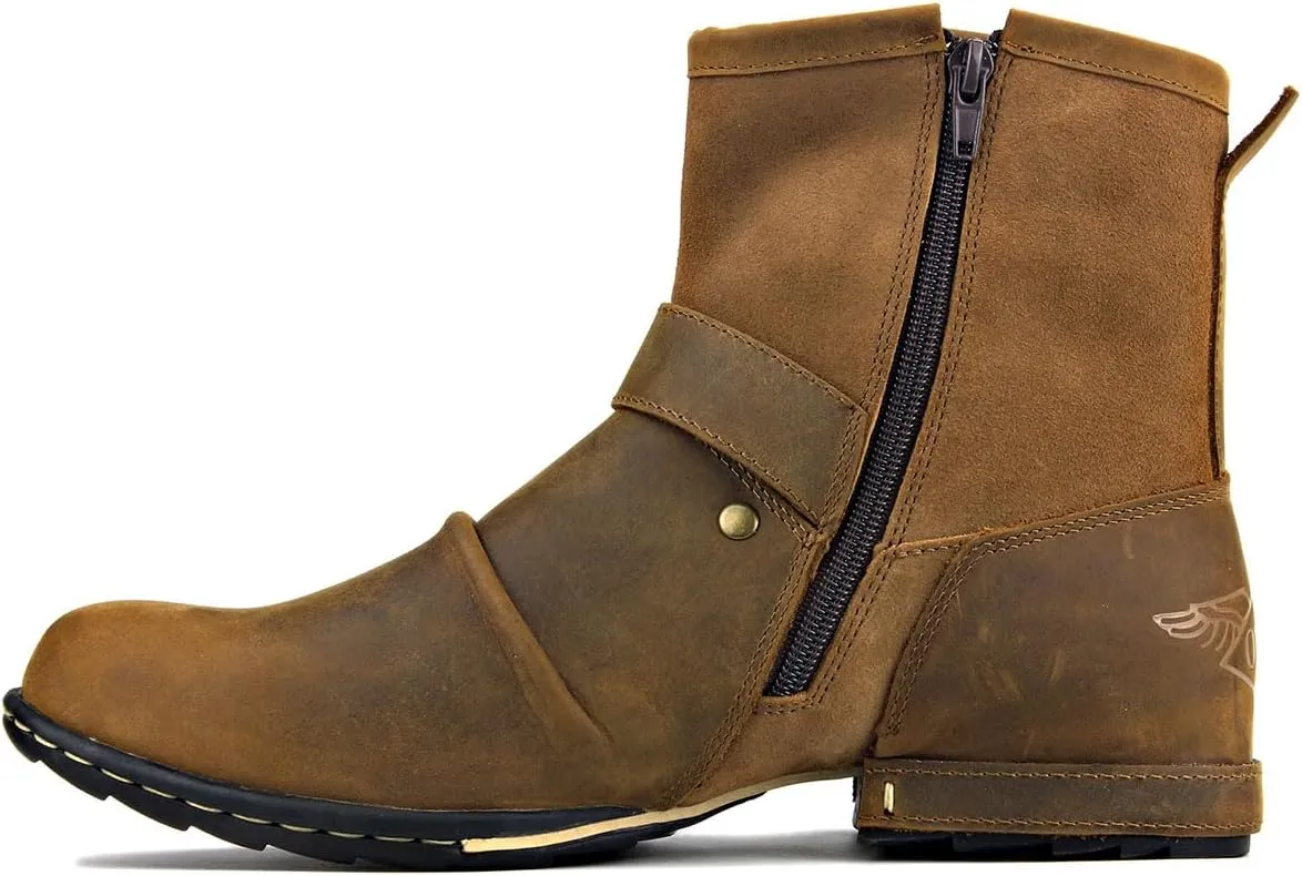 Leather Casual Motorcycle Combat Chukka Western Dress Ankle Boots for Men with Side Zipper CD-5008-1-ABNHD