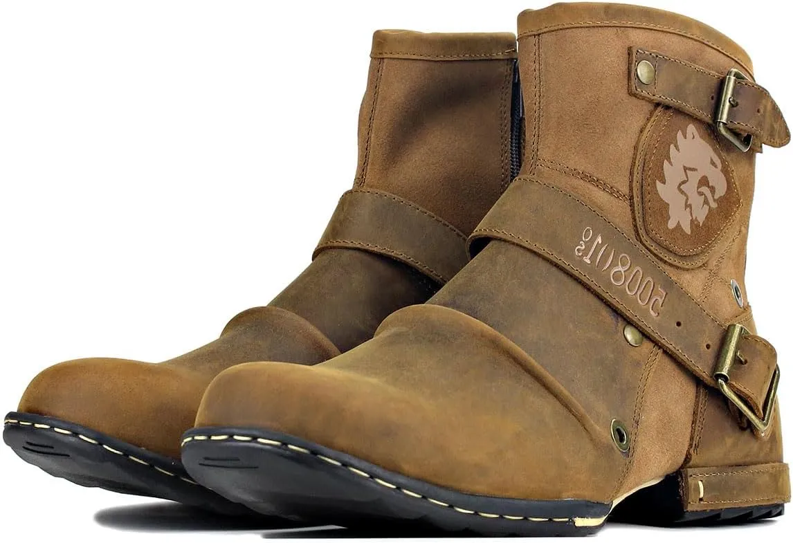 Leather Casual Motorcycle Combat Chukka Western Dress Ankle Boots for Men with Side Zipper CD-5008-1-ABNHD