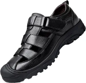 Leather Sandals Men Breathable Closed Toe Walking Sandals Outdoor Summer Beach Shoes Hiking Trekking Sandals