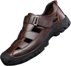 Leather Sandals Men Breathable Closed Toe Walking Sandals Outdoor Summer Beach Shoes Hiking Trekking Sandals
