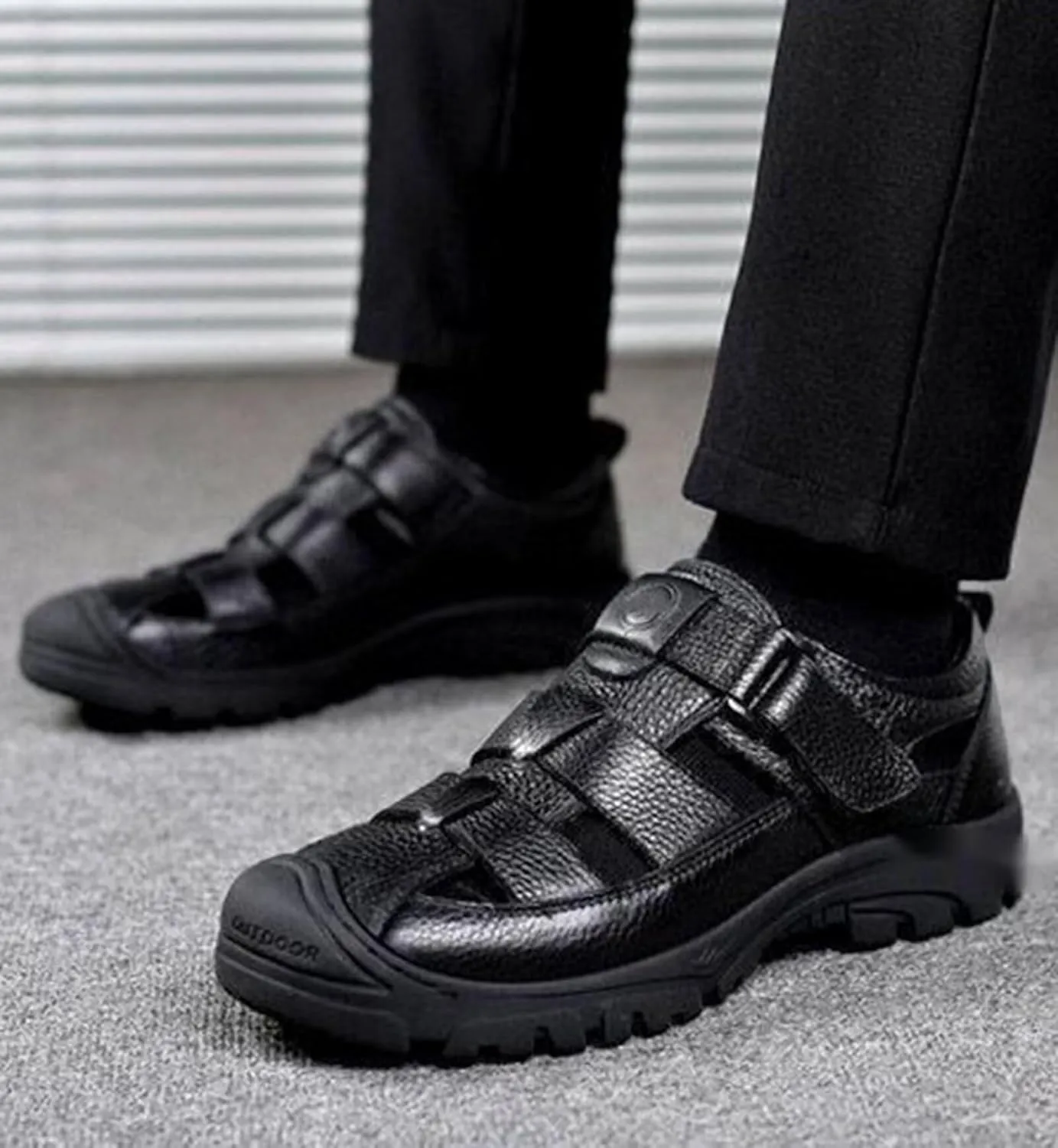 Leather Sandals Men Breathable Closed Toe Walking Sandals Outdoor Summer Beach Shoes Hiking Trekking Sandals