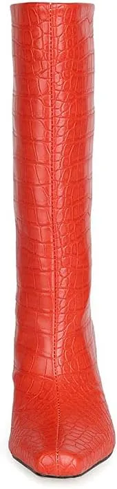 LEHOOR Women Wide Calf Knee High Boots Low Chunky Block Heel Pull On Mid Calf Crocodile Boots Square Toe Fall Fashion Tall Winter Boot Kitten Heel Warm Dressy Casual Party Long Riding Boots 4-12 M US