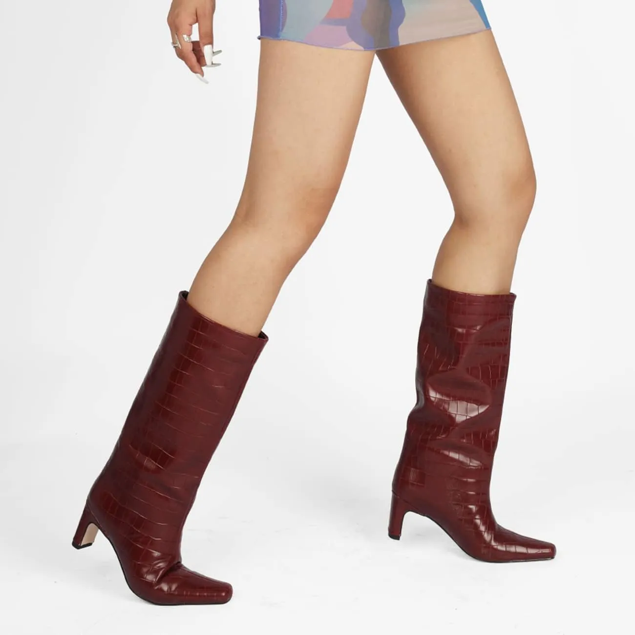 LEHOOR Women Wide Calf Knee High Boots Low Chunky Block Heel Pull On Mid Calf Crocodile Boots Square Toe Fall Fashion Tall Winter Boot Kitten Heel Warm Dressy Casual Party Long Riding Boots 4-12 M US