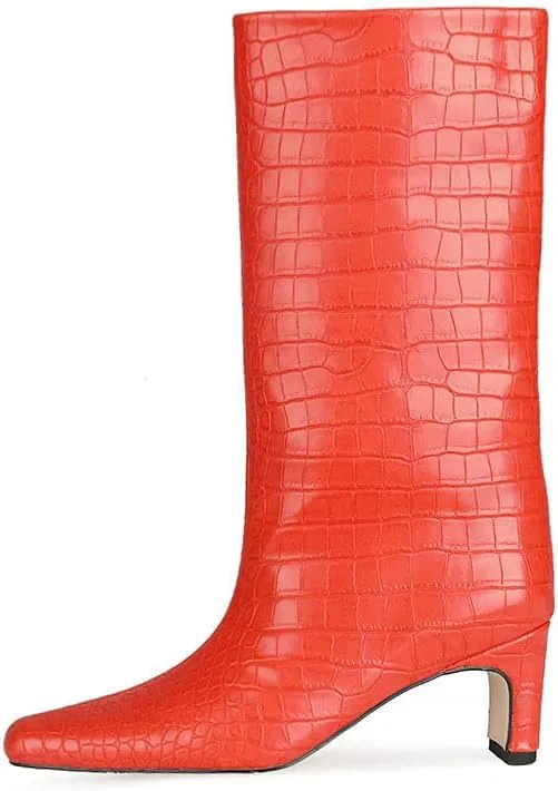 LEHOOR Women Wide Calf Knee High Boots Low Chunky Block Heel Pull On Mid Calf Crocodile Boots Square Toe Fall Fashion Tall Winter Boot Kitten Heel Warm Dressy Casual Party Long Riding Boots 4-12 M US