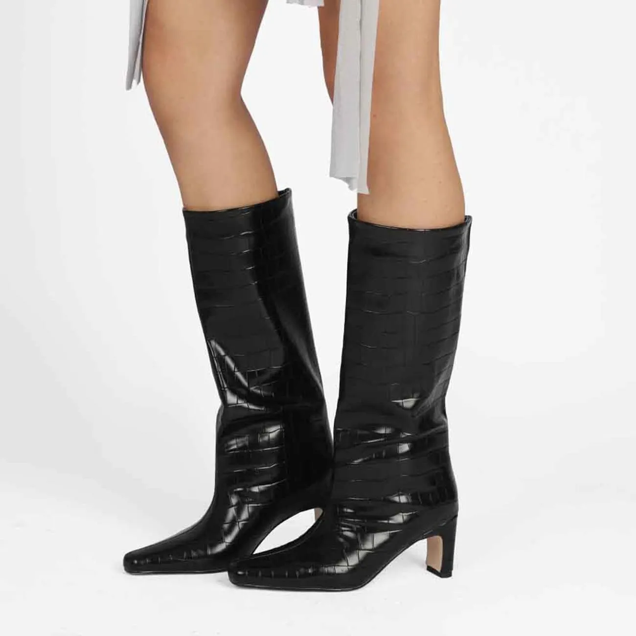 LEHOOR Women Wide Calf Knee High Boots Low Chunky Block Heel Pull On Mid Calf Crocodile Boots Square Toe Fall Fashion Tall Winter Boot Kitten Heel Warm Dressy Casual Party Long Riding Boots 4-12 M US