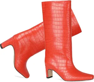 LEHOOR Women Wide Calf Knee High Boots Low Chunky Block Heel Pull On Mid Calf Crocodile Boots Square Toe Fall Fashion Tall Winter Boot Kitten Heel Warm Dressy Casual Party Long Riding Boots 4-12 M US