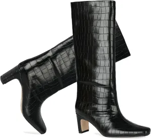 LEHOOR Women Wide Calf Knee High Boots Low Chunky Block Heel Pull On Mid Calf Crocodile Boots Square Toe Fall Fashion Tall Winter Boot Kitten Heel Warm Dressy Casual Party Long Riding Boots 4-12 M US