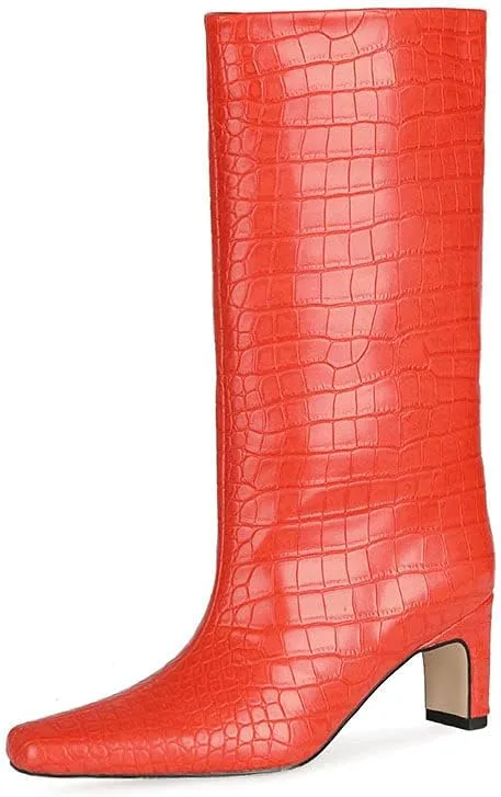 LEHOOR Women Wide Calf Knee High Boots Low Chunky Block Heel Pull On Mid Calf Crocodile Boots Square Toe Fall Fashion Tall Winter Boot Kitten Heel Warm Dressy Casual Party Long Riding Boots 4-12 M US