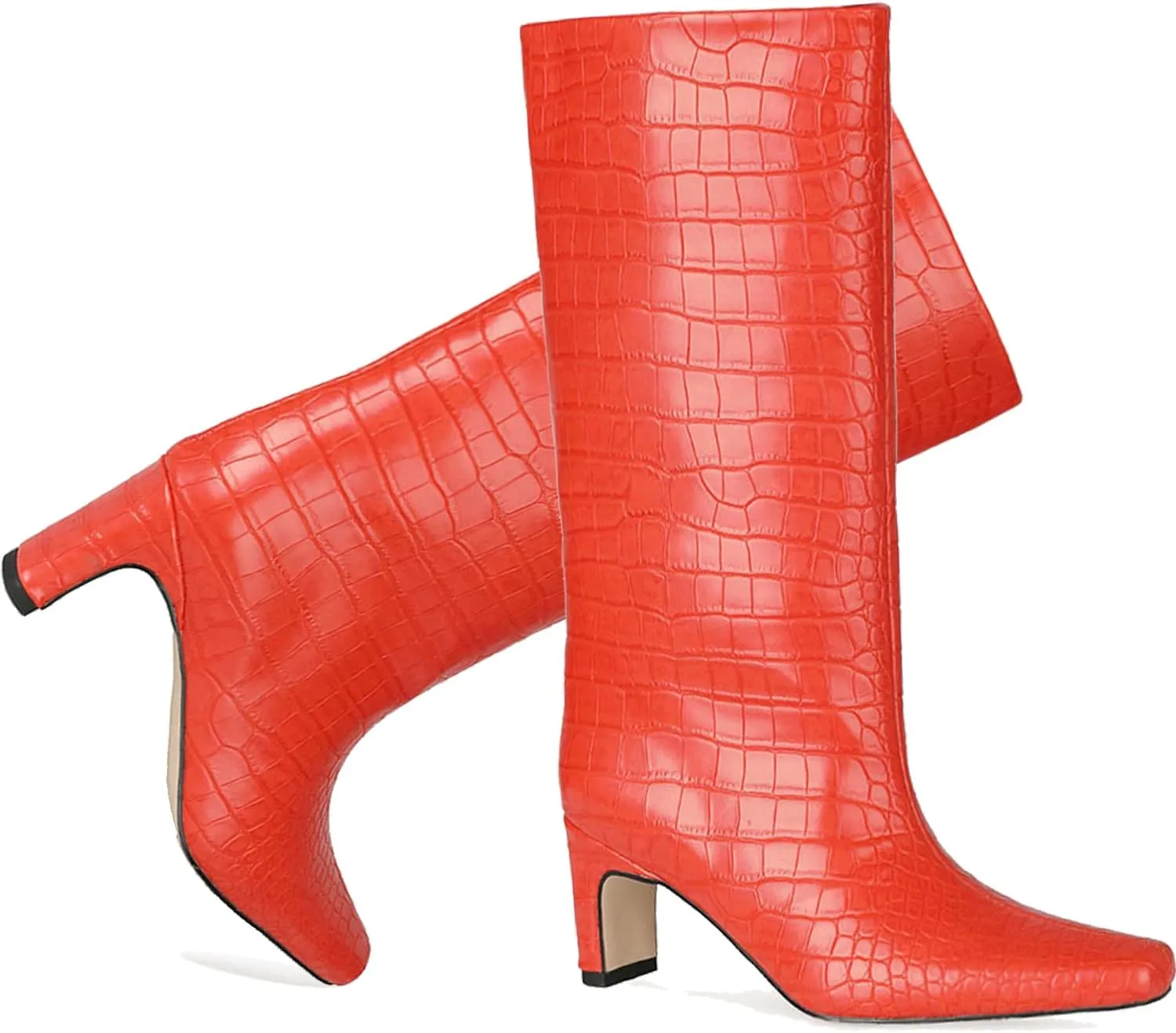 LEHOOR Women Wide Calf Knee High Boots Low Chunky Block Heel Pull On Mid Calf Crocodile Boots Square Toe Fall Fashion Tall Winter Boot Kitten Heel Warm Dressy Casual Party Long Riding Boots 4-12 M US