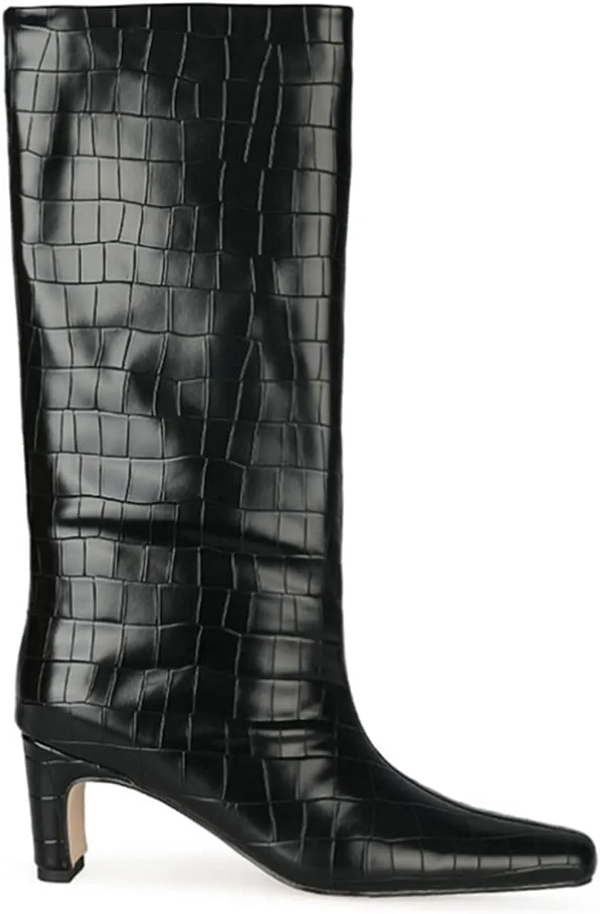 LEHOOR Women Wide Calf Knee High Boots Low Chunky Block Heel Pull On Mid Calf Crocodile Boots Square Toe Fall Fashion Tall Winter Boot Kitten Heel Warm Dressy Casual Party Long Riding Boots 4-12 M US