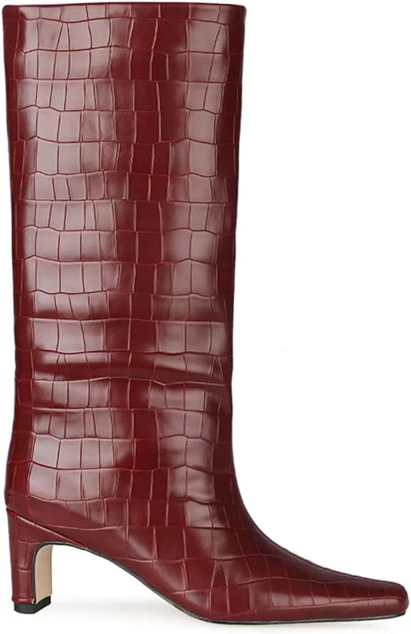 LEHOOR Women Wide Calf Knee High Boots Low Chunky Block Heel Pull On Mid Calf Crocodile Boots Square Toe Fall Fashion Tall Winter Boot Kitten Heel Warm Dressy Casual Party Long Riding Boots 4-12 M US