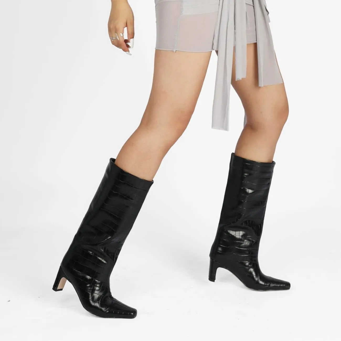 LEHOOR Women Wide Calf Knee High Boots Low Chunky Block Heel Pull On Mid Calf Crocodile Boots Square Toe Fall Fashion Tall Winter Boot Kitten Heel Warm Dressy Casual Party Long Riding Boots 4-12 M US
