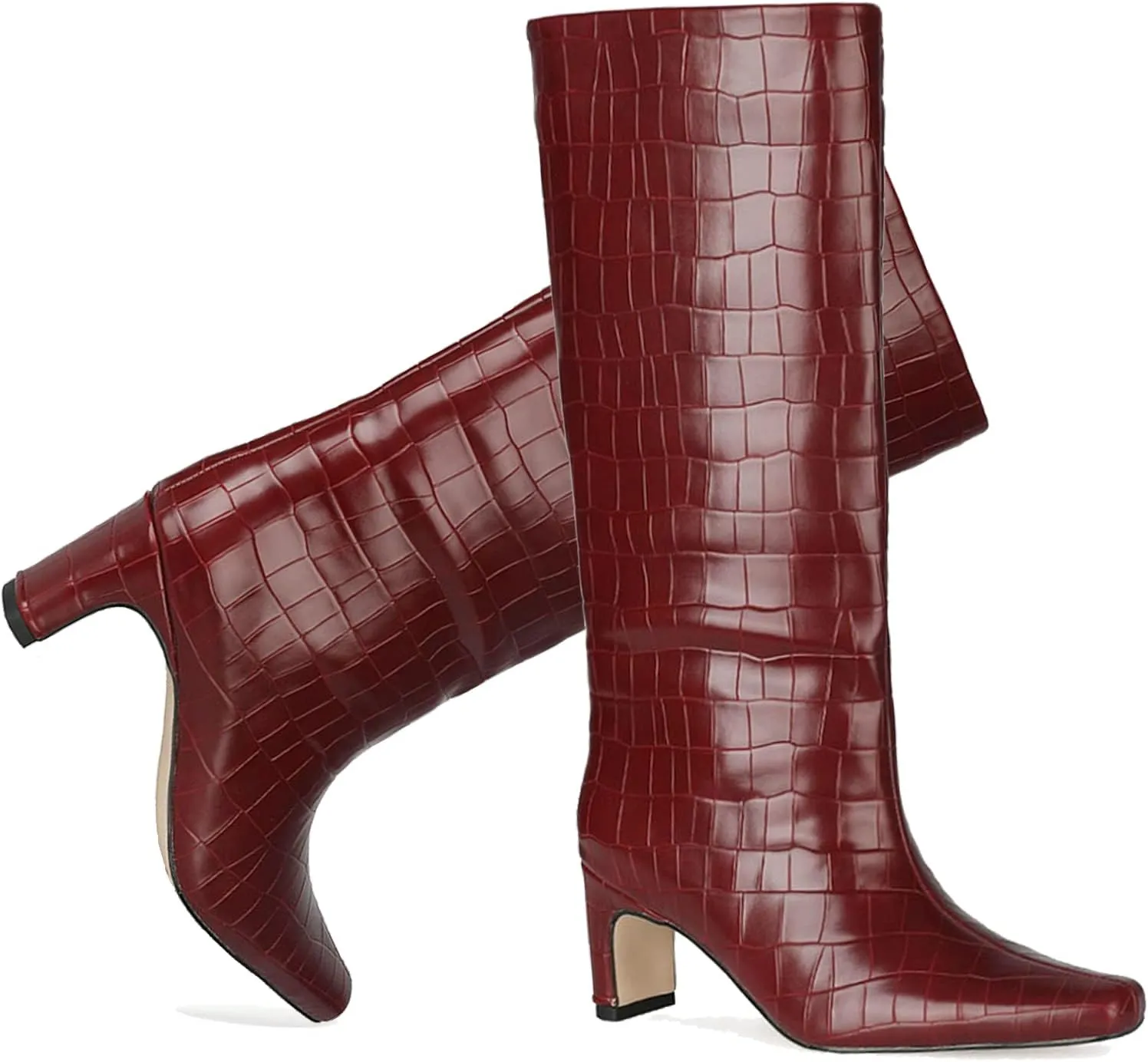 LEHOOR Women Wide Calf Knee High Boots Low Chunky Block Heel Pull On Mid Calf Crocodile Boots Square Toe Fall Fashion Tall Winter Boot Kitten Heel Warm Dressy Casual Party Long Riding Boots 4-12 M US