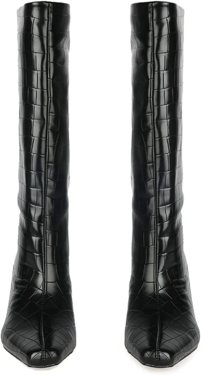 LEHOOR Women Wide Calf Knee High Boots Low Chunky Block Heel Pull On Mid Calf Crocodile Boots Square Toe Fall Fashion Tall Winter Boot Kitten Heel Warm Dressy Casual Party Long Riding Boots 4-12 M US