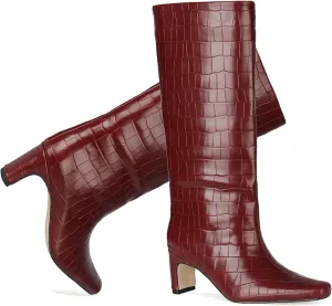 LEHOOR Women Wide Calf Knee High Boots Low Chunky Block Heel Pull On Mid Calf Crocodile Boots Square Toe Fall Fashion Tall Winter Boot Kitten Heel Warm Dressy Casual Party Long Riding Boots 4-12 M US