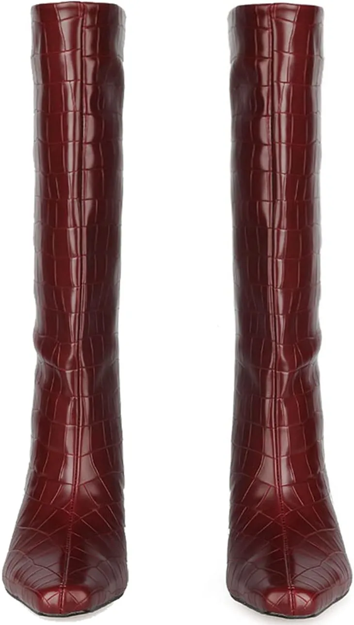 LEHOOR Women Wide Calf Knee High Boots Low Chunky Block Heel Pull On Mid Calf Crocodile Boots Square Toe Fall Fashion Tall Winter Boot Kitten Heel Warm Dressy Casual Party Long Riding Boots 4-12 M US