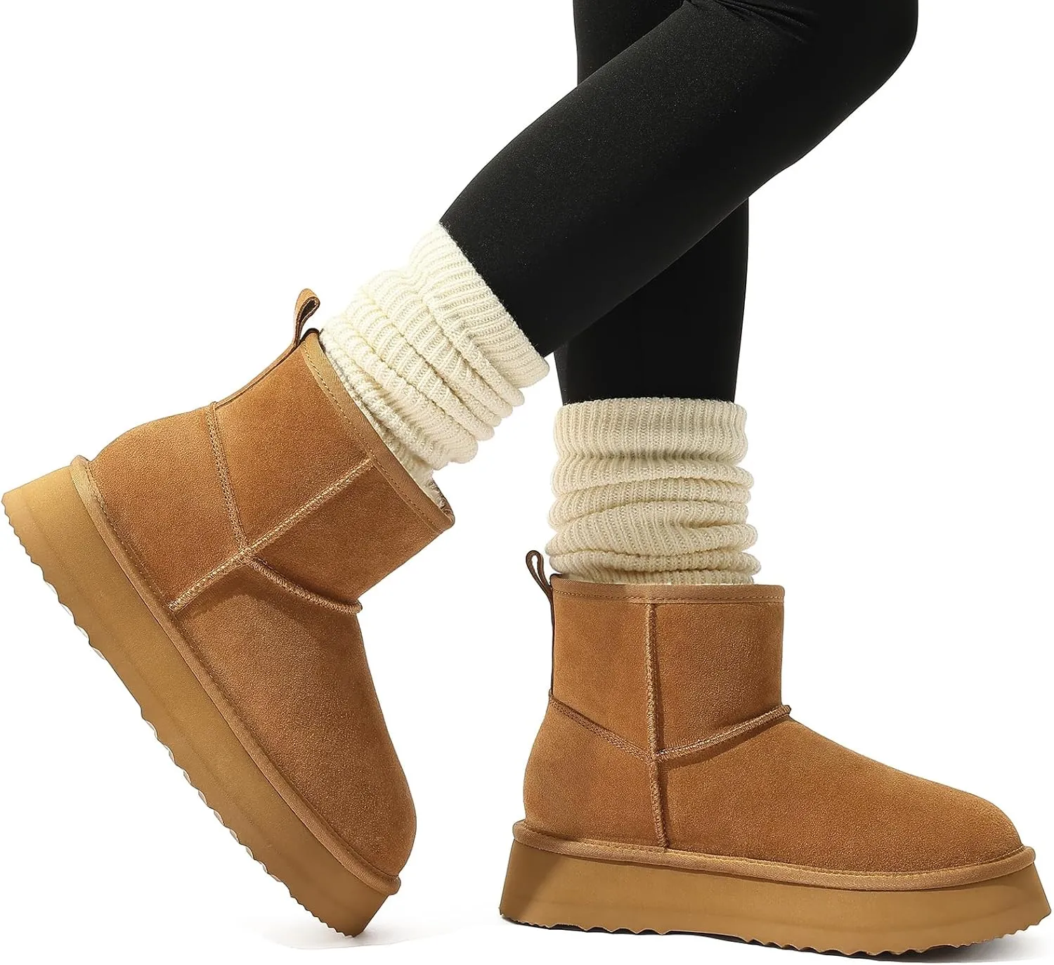 Litfun Platform Mini Boots for Women Genuine Suede Winter Ankle Snow Boots with Fur Lined
