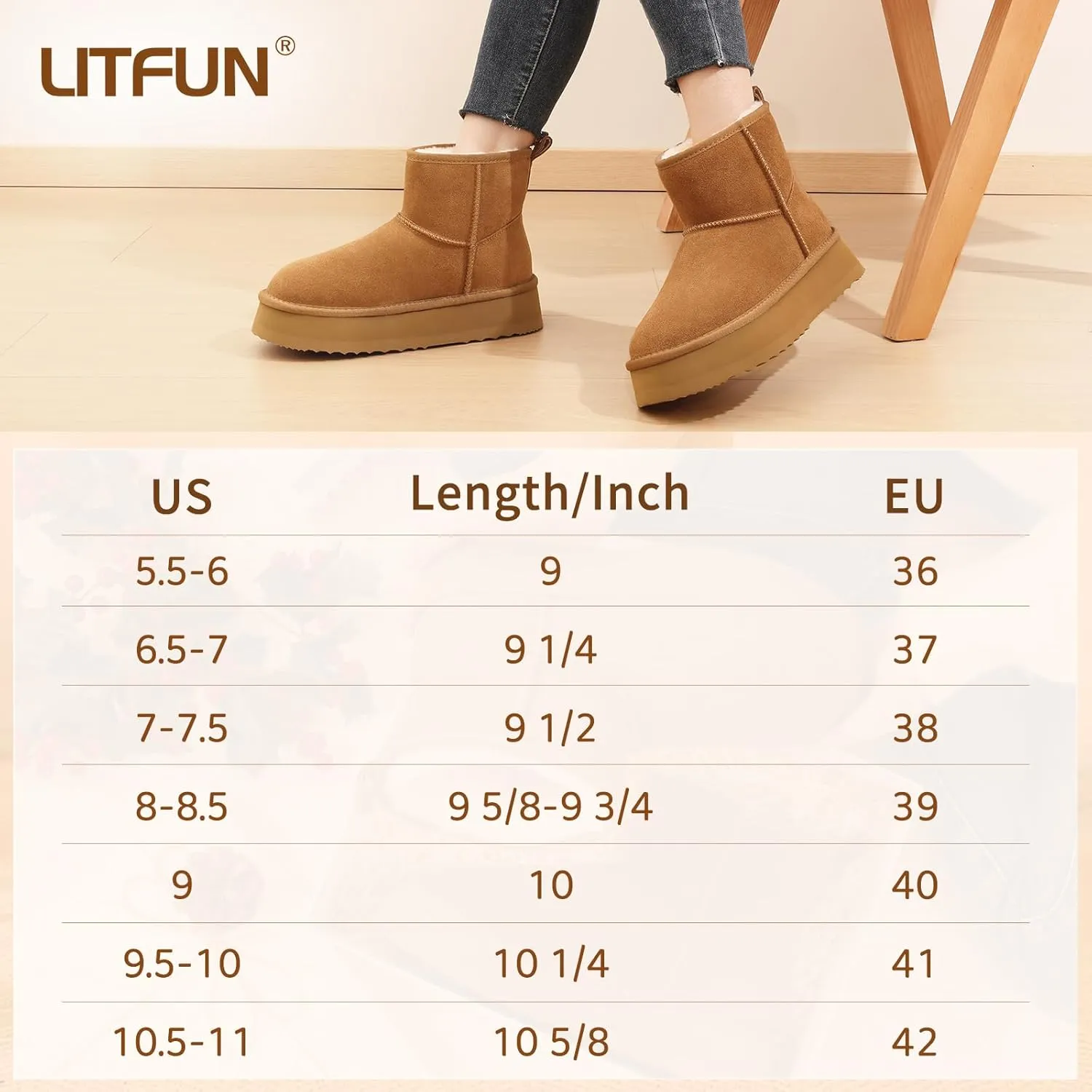 Litfun Platform Mini Boots for Women Genuine Suede Winter Ankle Snow Boots with Fur Lined