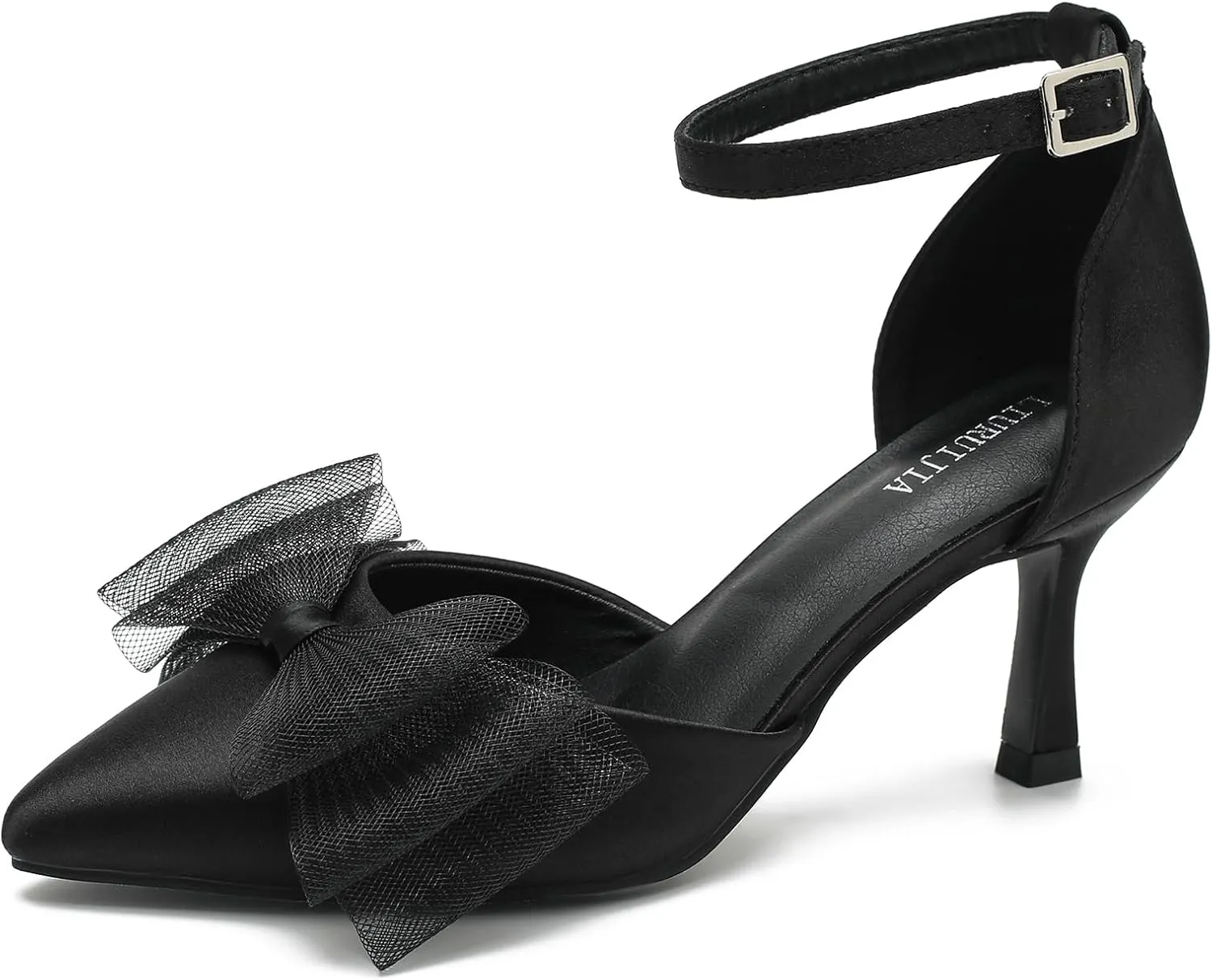 LIURUIJIA Women's Closed Toe Bow Heels Ankle Strap Pointed Toe Satin Low Heel Pumps Comfortable Wedding Bridal Party Prom Dress Shoes