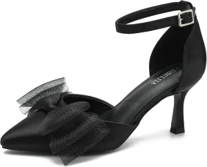 LIURUIJIA Women's Closed Toe Bow Heels Ankle Strap Pointed Toe Satin Low Heel Pumps Comfortable Wedding Bridal Party Prom Dress Shoes