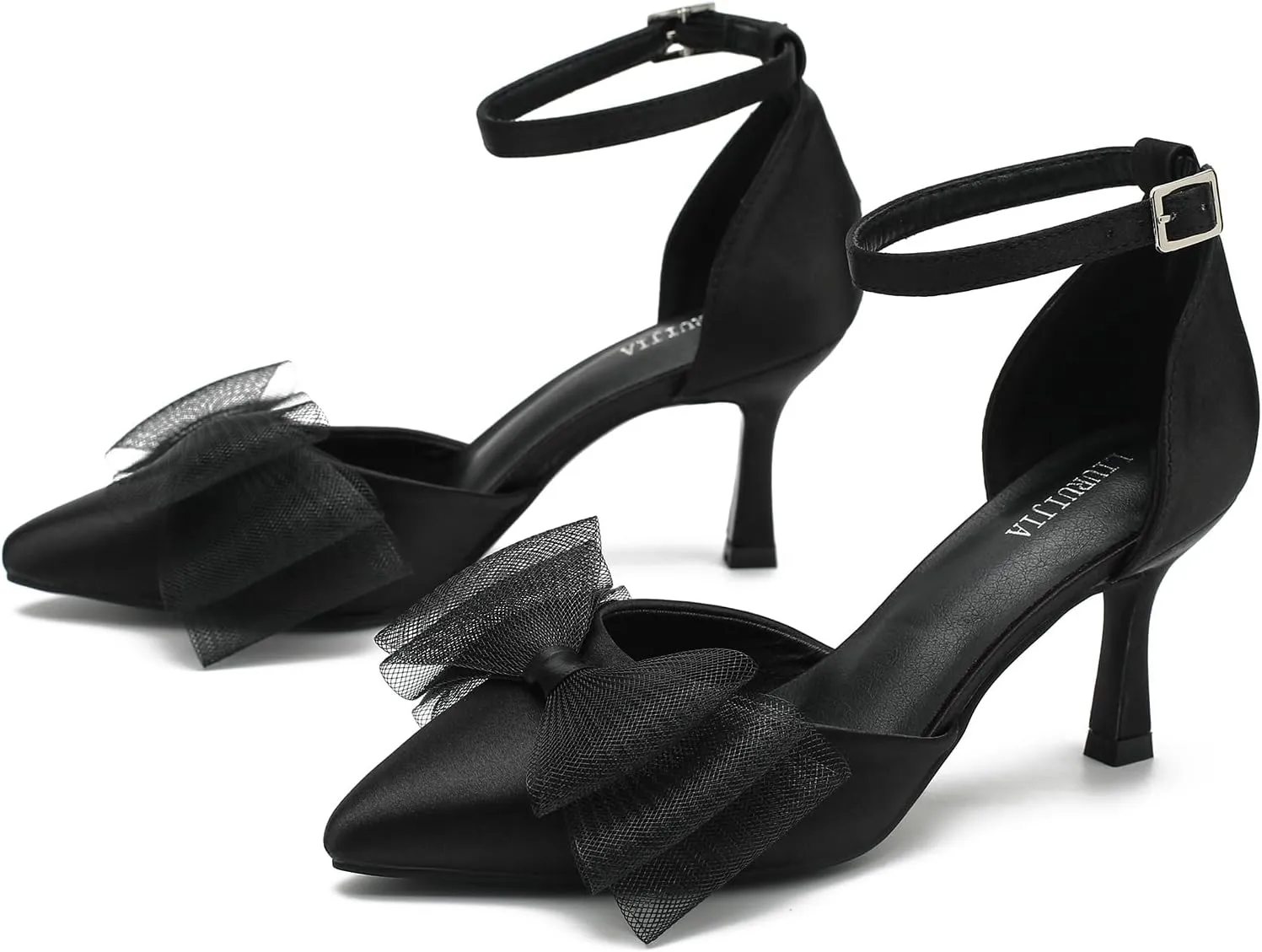 LIURUIJIA Women's Closed Toe Bow Heels Ankle Strap Pointed Toe Satin Low Heel Pumps Comfortable Wedding Bridal Party Prom Dress Shoes