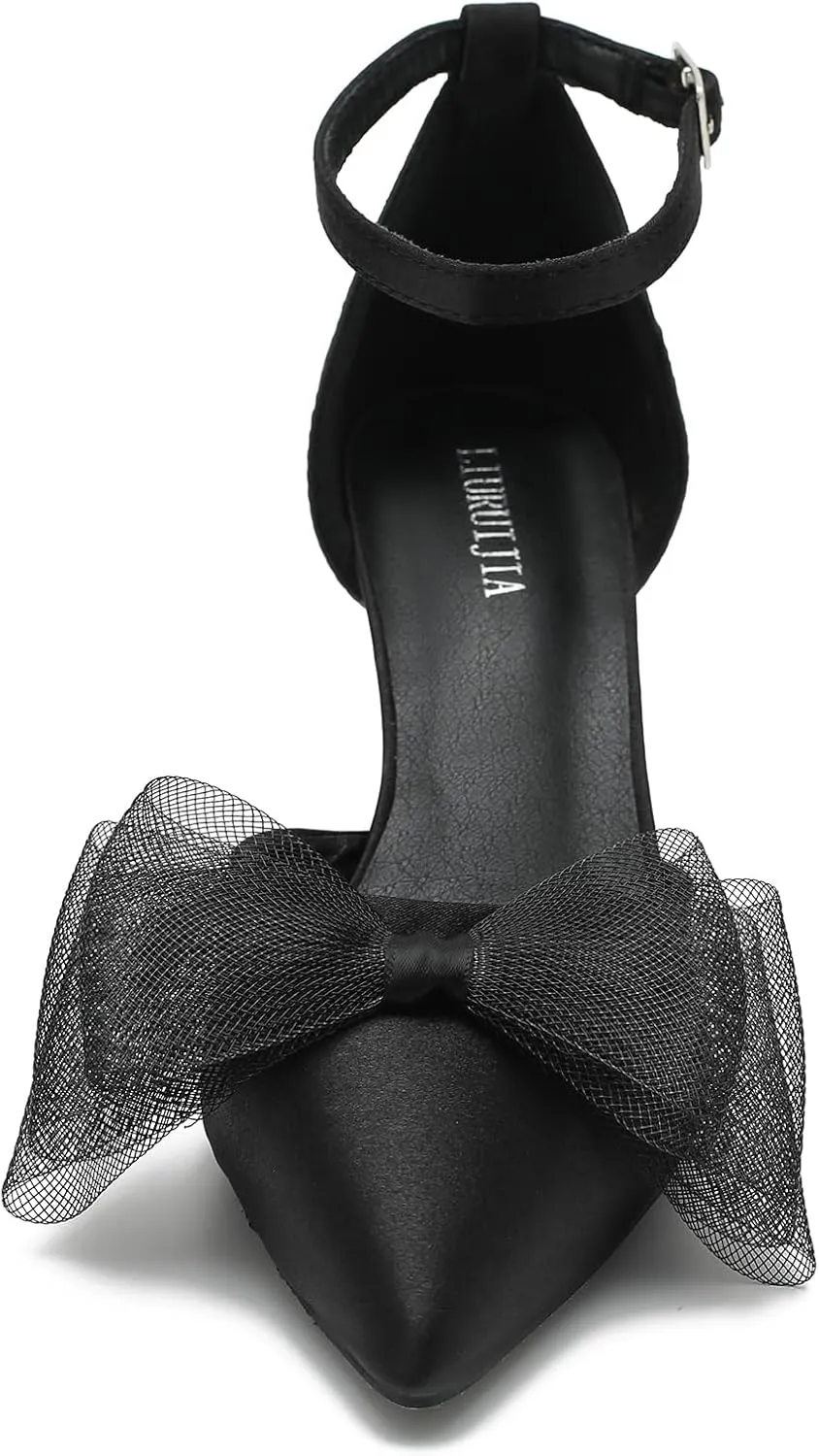 LIURUIJIA Women's Closed Toe Bow Heels Ankle Strap Pointed Toe Satin Low Heel Pumps Comfortable Wedding Bridal Party Prom Dress Shoes