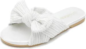 LIURUIJIA Womens Pleated Satin Bow Flats Slide Sandals Casual Dressy Open Toe Slip on Cute Summer Shoes