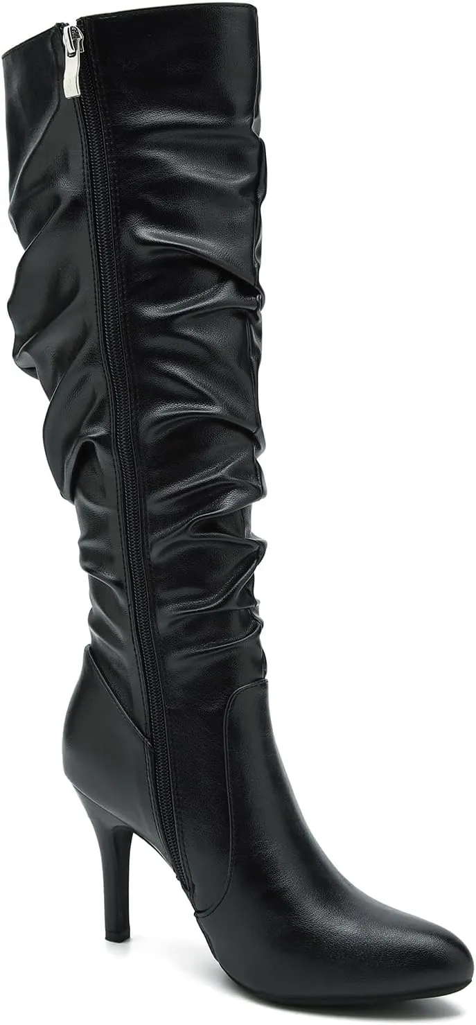LIURUIJIA Women's Slouchy Knee High Boots Side Zipper Stiletto High Heeled Pointed Toe Fashion Fall Boots