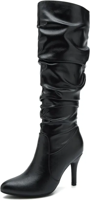 LIURUIJIA Women's Slouchy Knee High Boots Side Zipper Stiletto High Heeled Pointed Toe Fashion Fall Boots