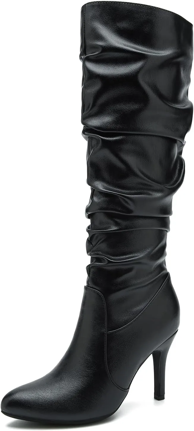 LIURUIJIA Women's Slouchy Knee High Boots Side Zipper Stiletto High Heeled Pointed Toe Fashion Fall Boots