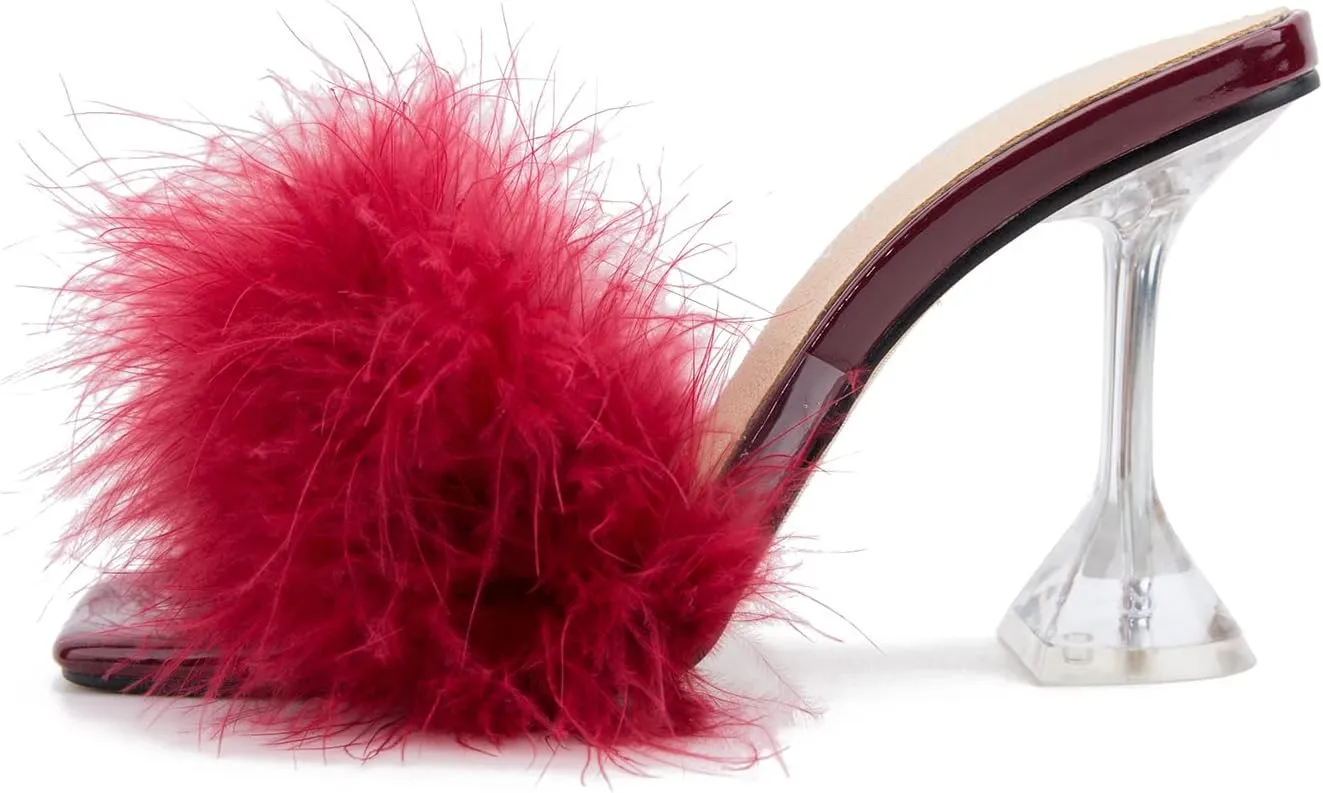 LIURUIJIA Women's Square Toe Feathers High Heels Fur Mules Sandals Fuzzy Fluffy Wedding Bridal Party Dress Shoes