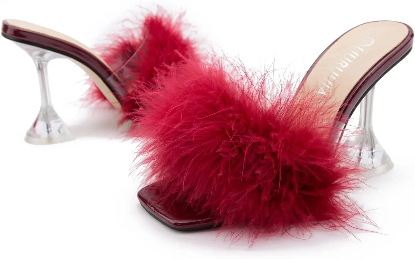 LIURUIJIA Women's Square Toe Feathers High Heels Fur Mules Sandals Fuzzy Fluffy Wedding Bridal Party Dress Shoes