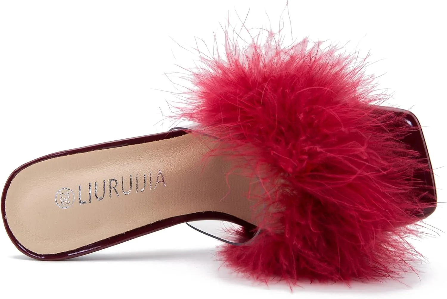 LIURUIJIA Women's Square Toe Feathers High Heels Fur Mules Sandals Fuzzy Fluffy Wedding Bridal Party Dress Shoes