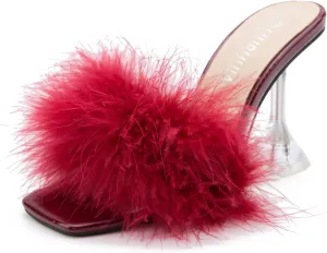 LIURUIJIA Women's Square Toe Feathers High Heels Fur Mules Sandals Fuzzy Fluffy Wedding Bridal Party Dress Shoes