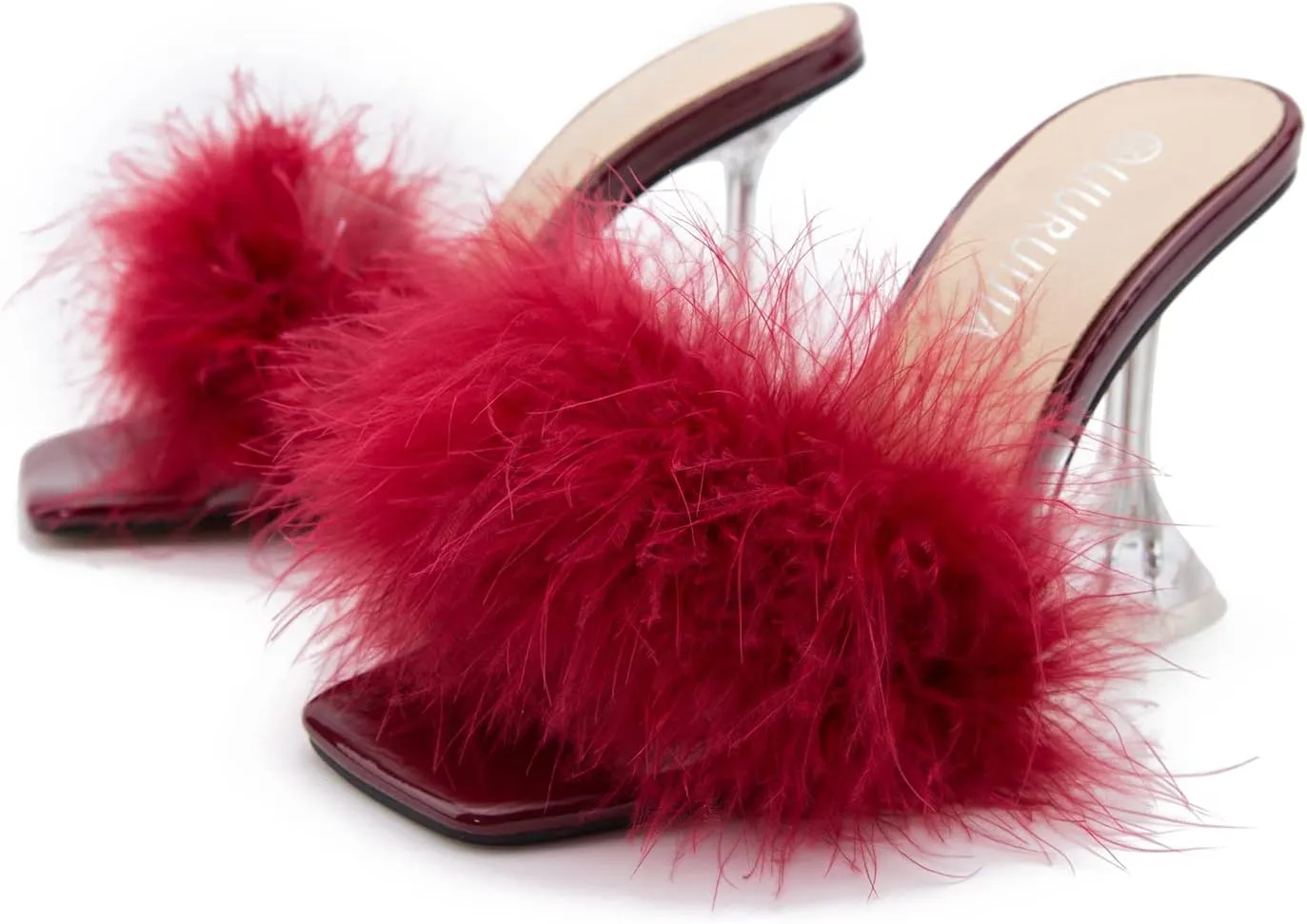 LIURUIJIA Women's Square Toe Feathers High Heels Fur Mules Sandals Fuzzy Fluffy Wedding Bridal Party Dress Shoes