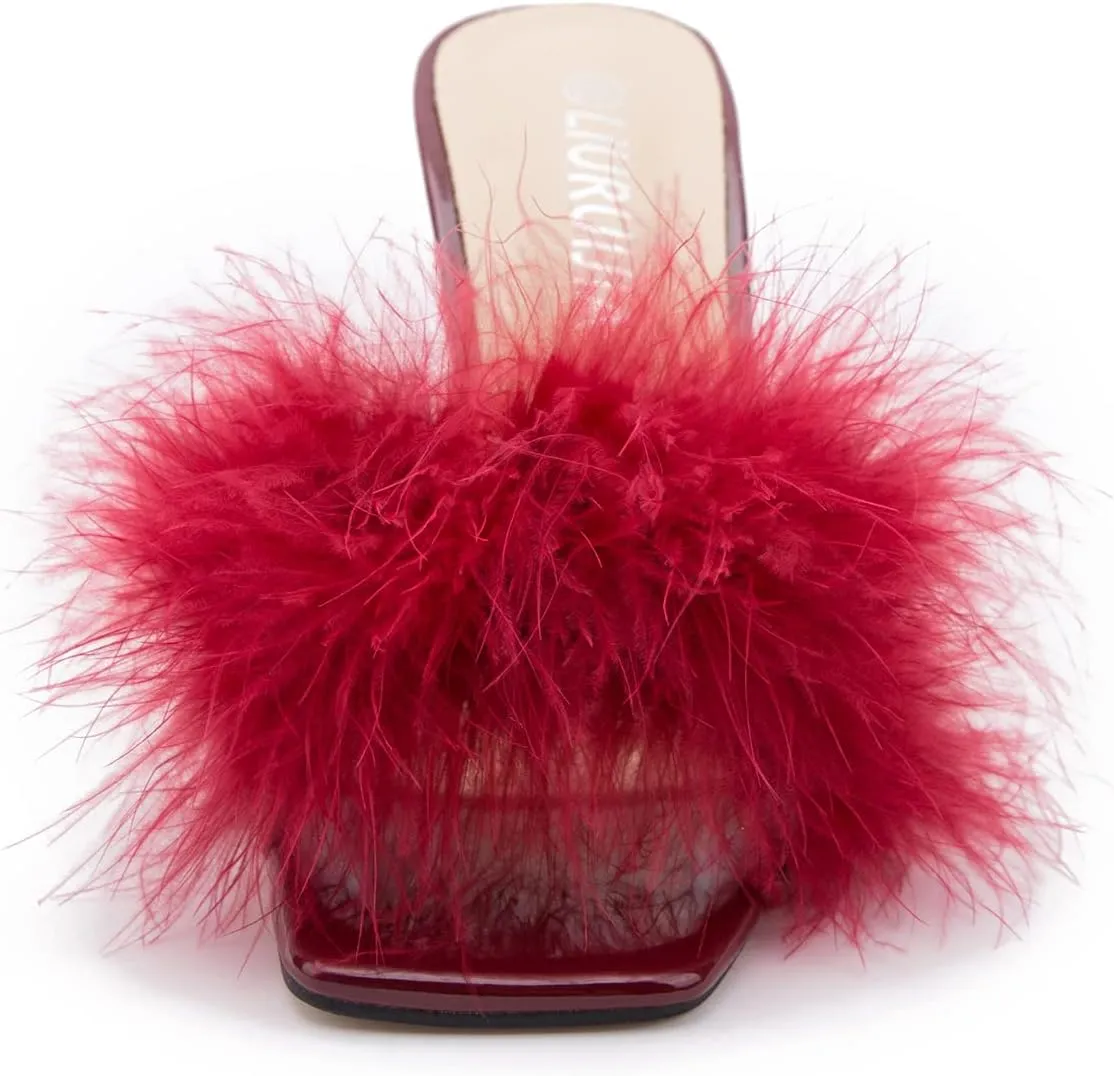 LIURUIJIA Women's Square Toe Feathers High Heels Fur Mules Sandals Fuzzy Fluffy Wedding Bridal Party Dress Shoes