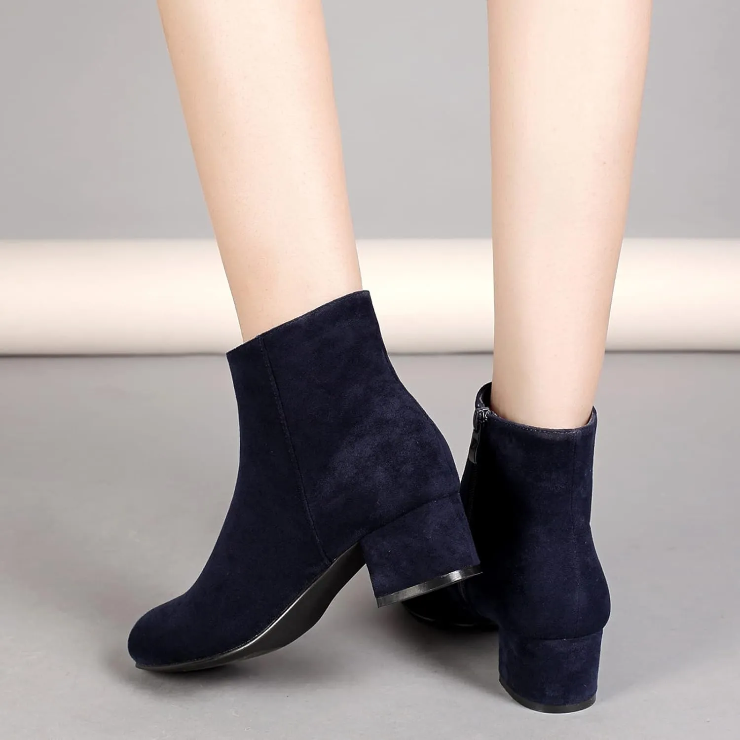LIURUIJIA Women's Suede Ankle Boots Low Heel Leather Booties Side Zippers Round Toe Short Boots
