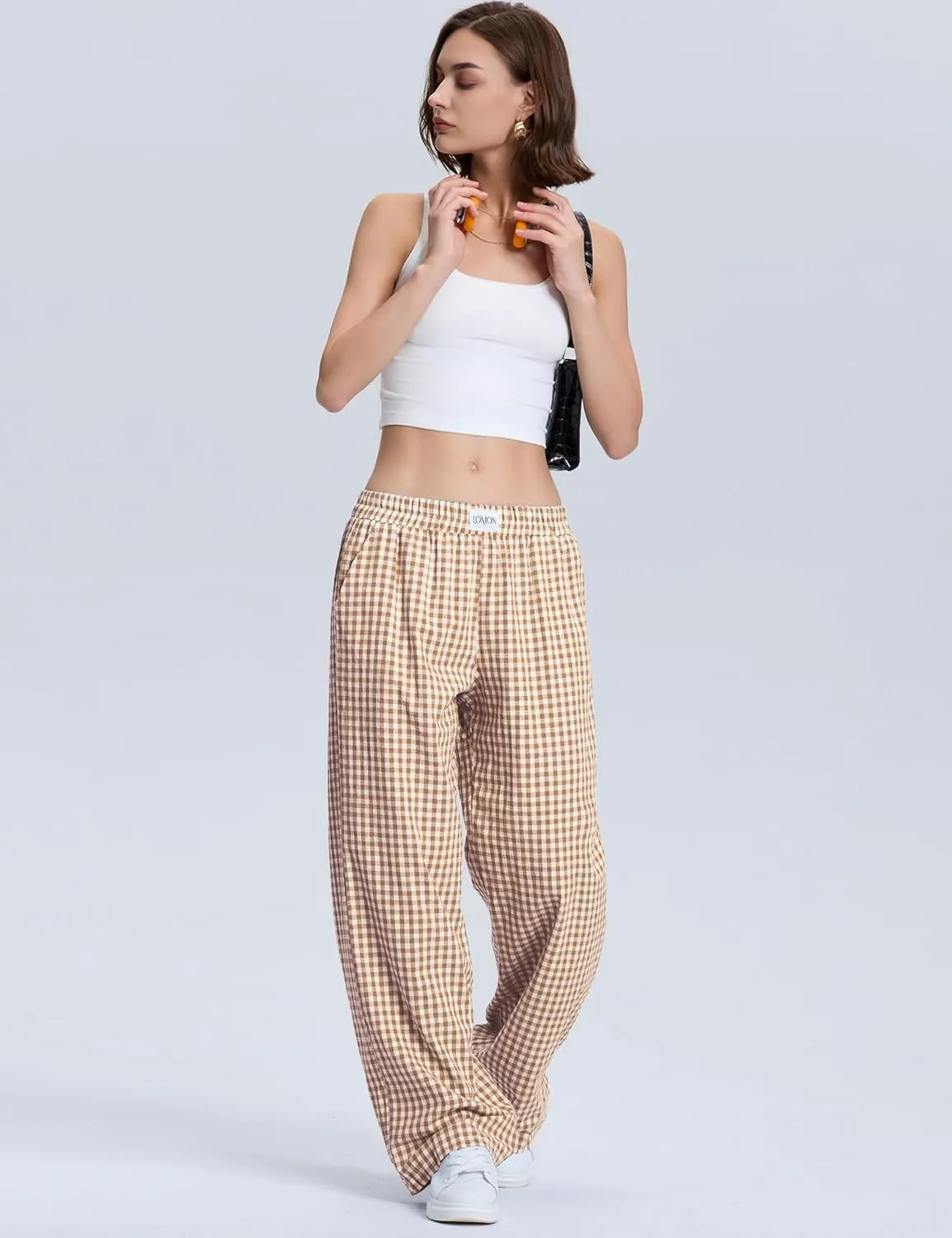 LOMON Women's Striped Gingham Boxer Pants Cotton Pajama Lounge Pj Casual Plaid Trousers Y2K Beach Bottoms with Pockets