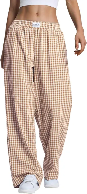 LOMON Women's Striped Gingham Boxer Pants Cotton Pajama Lounge Pj Casual Plaid Trousers Y2K Beach Bottoms with Pockets