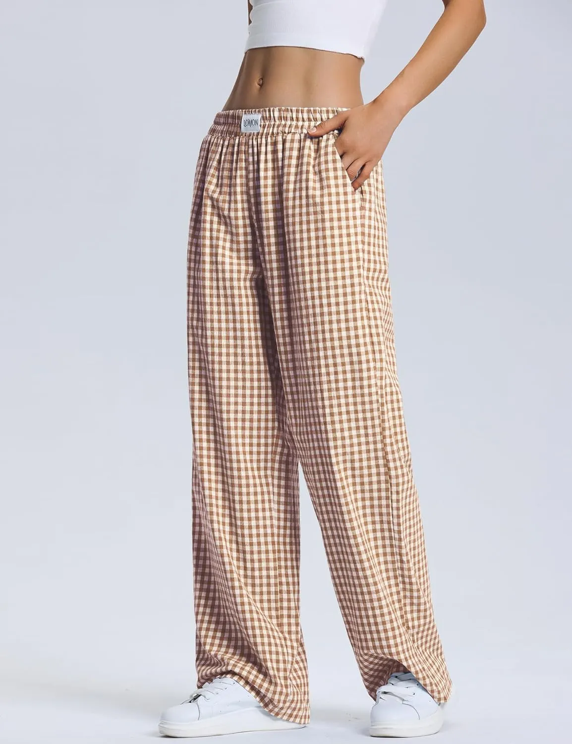 LOMON Women's Striped Gingham Boxer Pants Cotton Pajama Lounge Pj Casual Plaid Trousers Y2K Beach Bottoms with Pockets