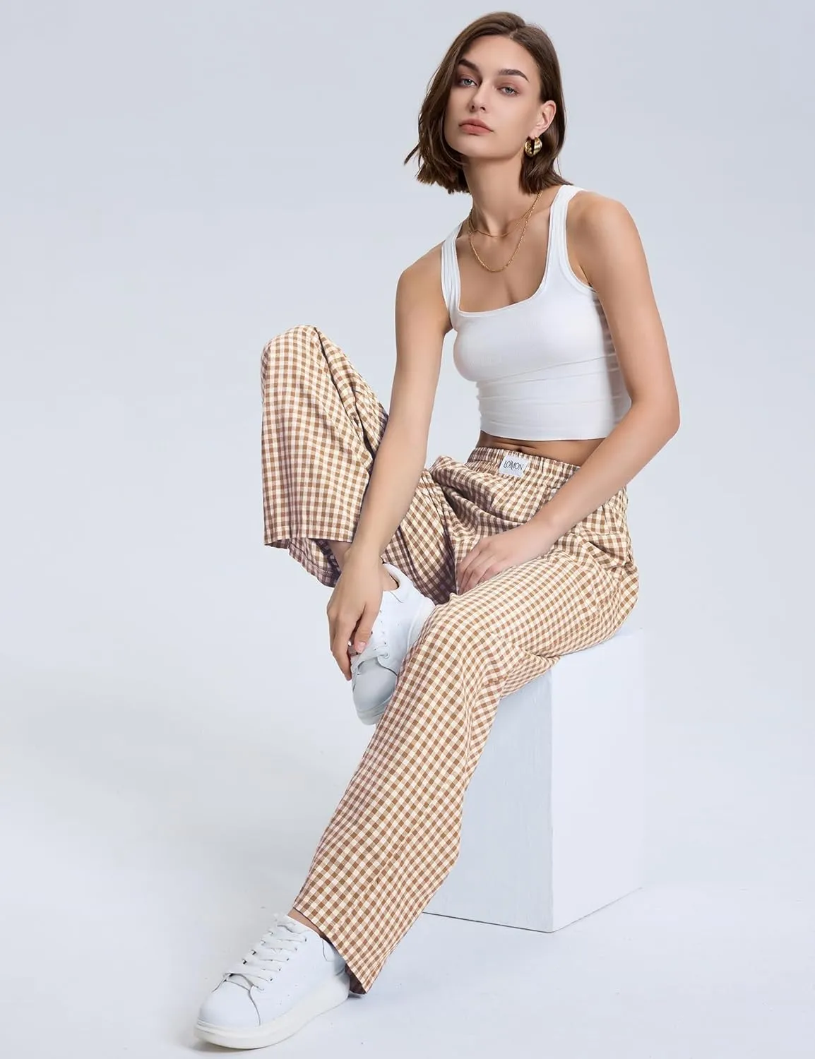 LOMON Women's Striped Gingham Boxer Pants Cotton Pajama Lounge Pj Casual Plaid Trousers Y2K Beach Bottoms with Pockets
