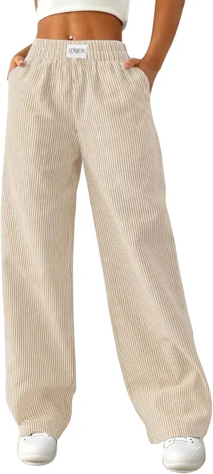 LOMON Women's Striped Gingham Boxer Pants Cotton Pajama Lounge Pj Casual Plaid Trousers Y2K Beach Bottoms with Pockets